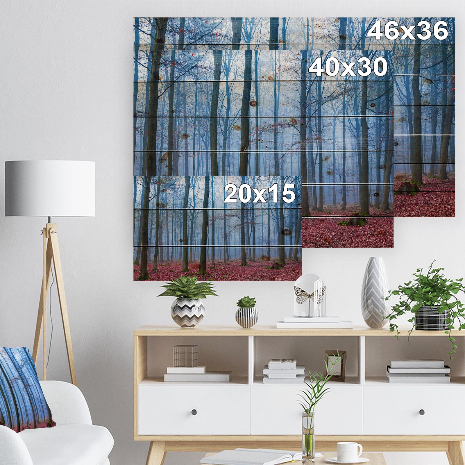 Foggy Forest in Blue and Pink Photo - Modern Forest Print on Natural Pine Wood
