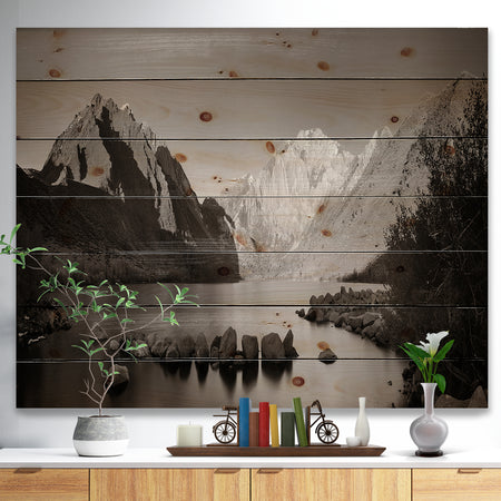 Snow Mountain Lake Panorama - Landscape Print on Natural Pine Wood