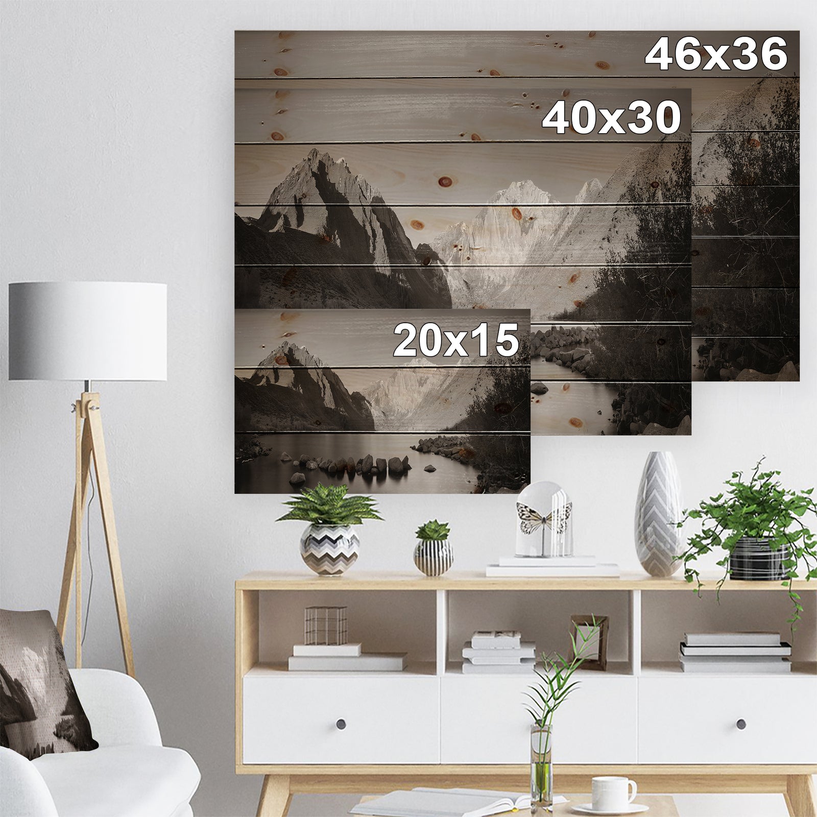 Snow Mountain Lake Panorama - Landscape Print on Natural Pine Wood