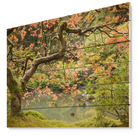 Japanese Garden Fall Season - Landscape Print on Natural Pine Wood