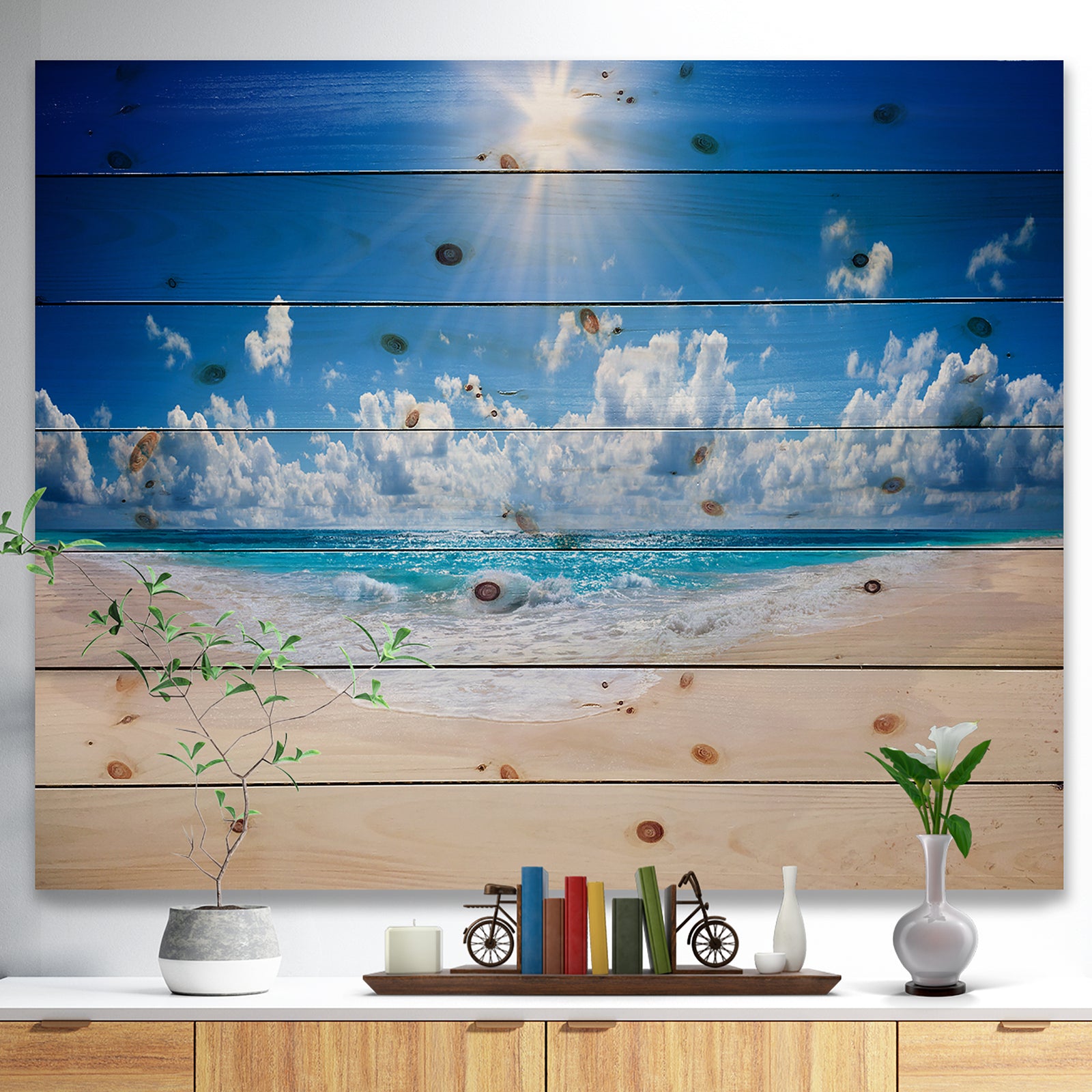 Beautiful Tropical Beach Panorama - Modern Seashore Print on Natural Pine Wood