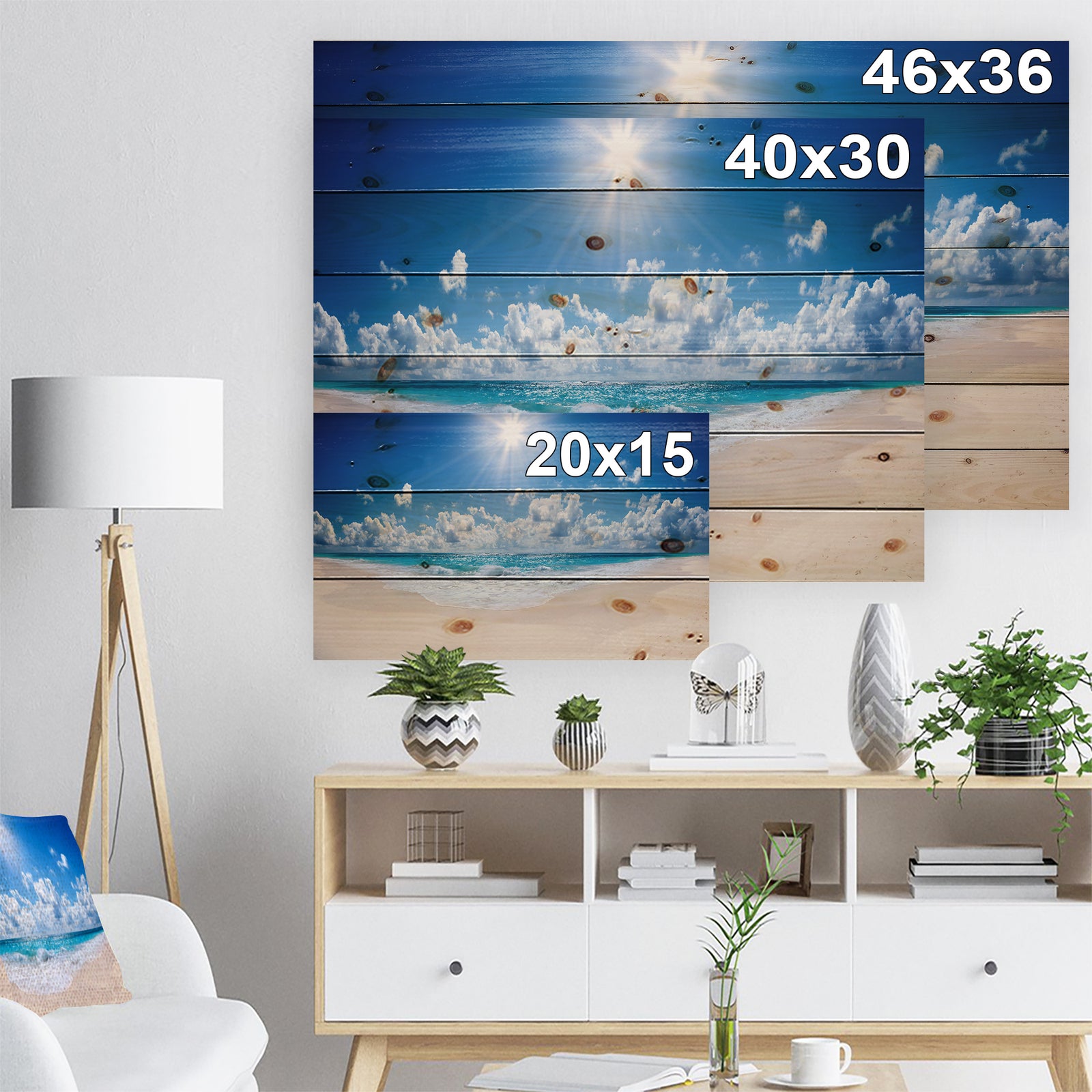 Beautiful Tropical Beach Panorama - Modern Seashore Print on Natural Pine Wood
