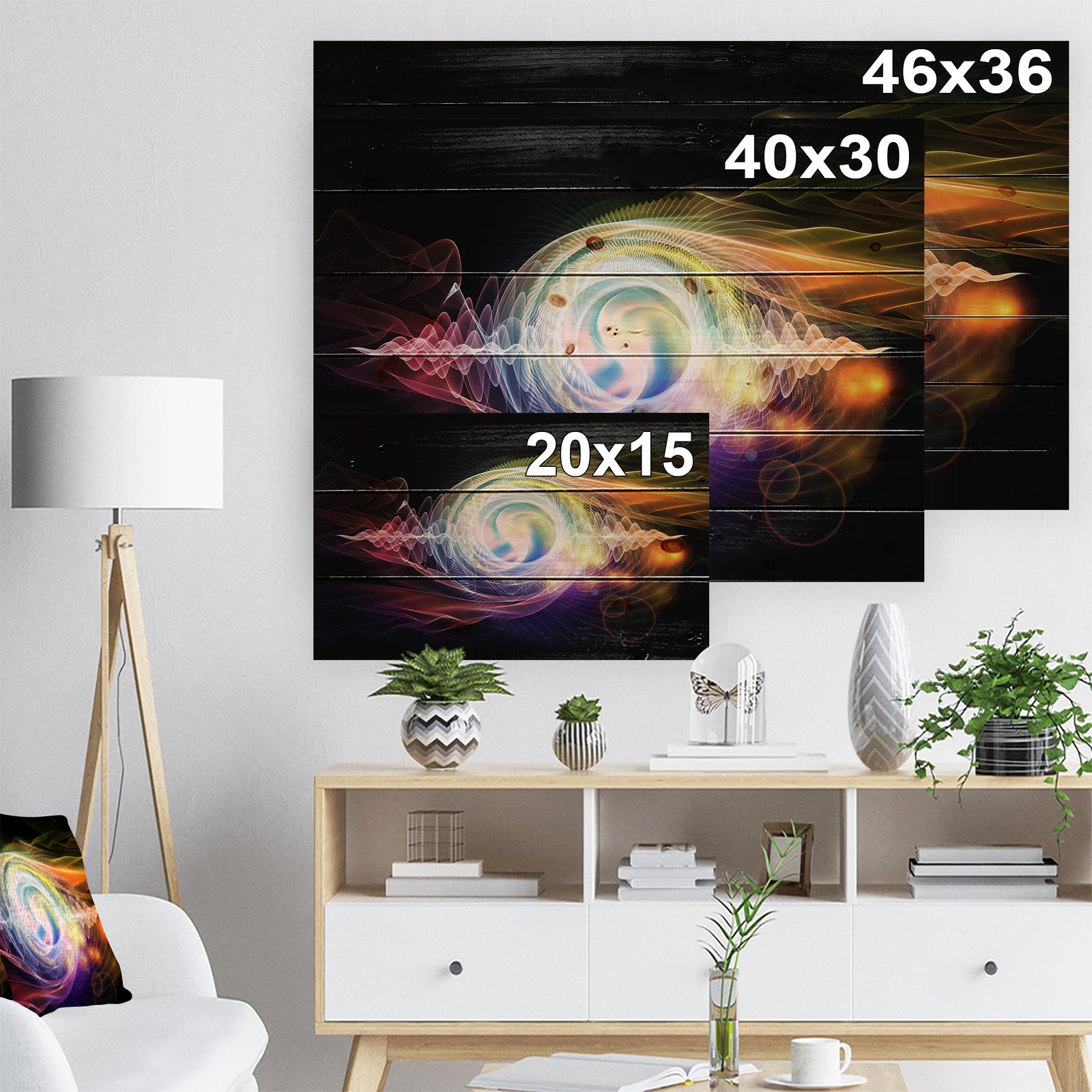 Bright Wave Particle in Air on Black - Large Abstract Print on Natural Pine Wood