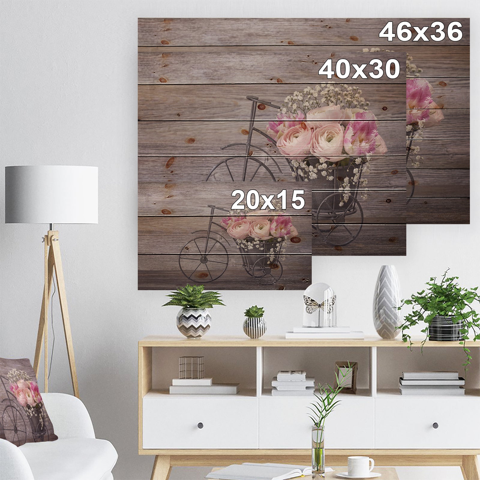 Ranunculus Flowers on Bicycle - Floral Print on Natural Pine Wood