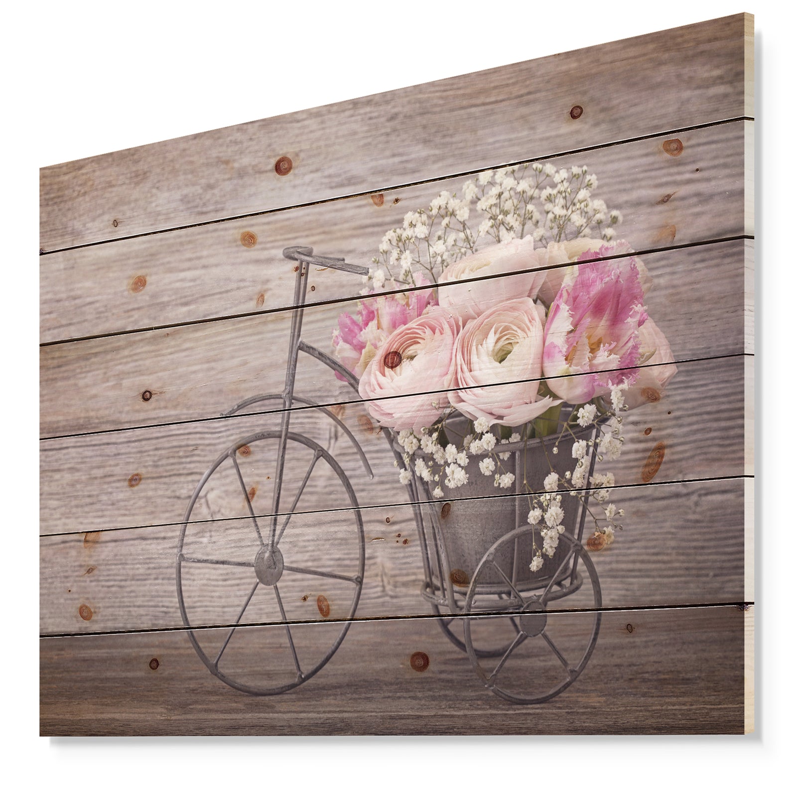 Ranunculus Flowers on Bicycle - Floral Print on Natural Pine Wood