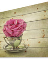 Red Rose in Cup and Saucer - Floral Farmhouse Print on Natural Pine Wood