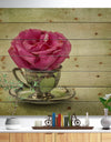 Red Rose in Cup and Saucer - Floral Farmhouse Print on Natural Pine Wood