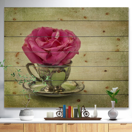 Red Rose in Cup and Saucer - Floral Farmhouse Print on Natural Pine Wood