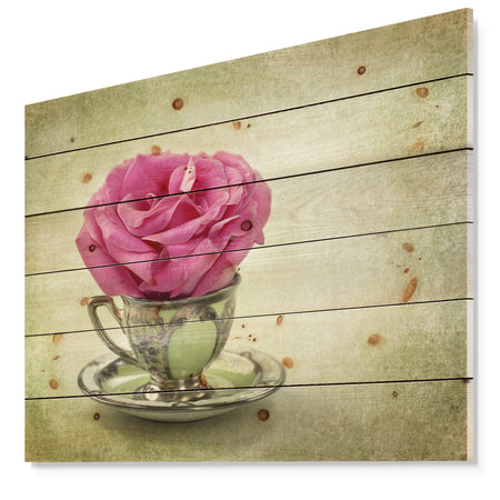 Red Rose in Cup and Saucer - Floral Farmhouse Print on Natural Pine Wood