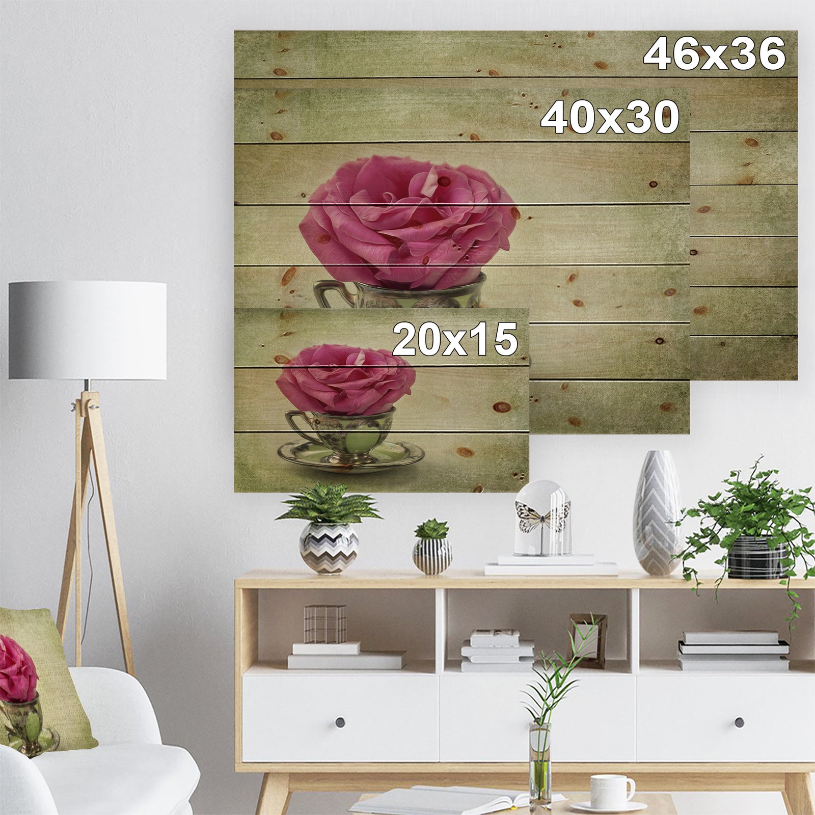 Red Rose in Cup and Saucer - Floral Farmhouse Print on Natural Pine Wood