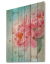 Peony Flowers Merged to Blue - Floral Farmhouse Print on Natural Pine Wood