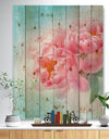 Peony Flowers Merged to Blue - Floral Farmhouse Print on Natural Pine Wood