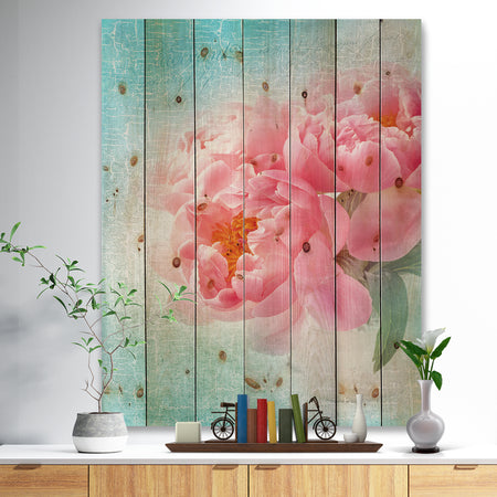 Peony Flowers Merged to Blue - Floral Farmhouse Print on Natural Pine Wood
