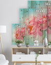 Peony Flowers Merged to Blue - Floral Farmhouse Print on Natural Pine Wood