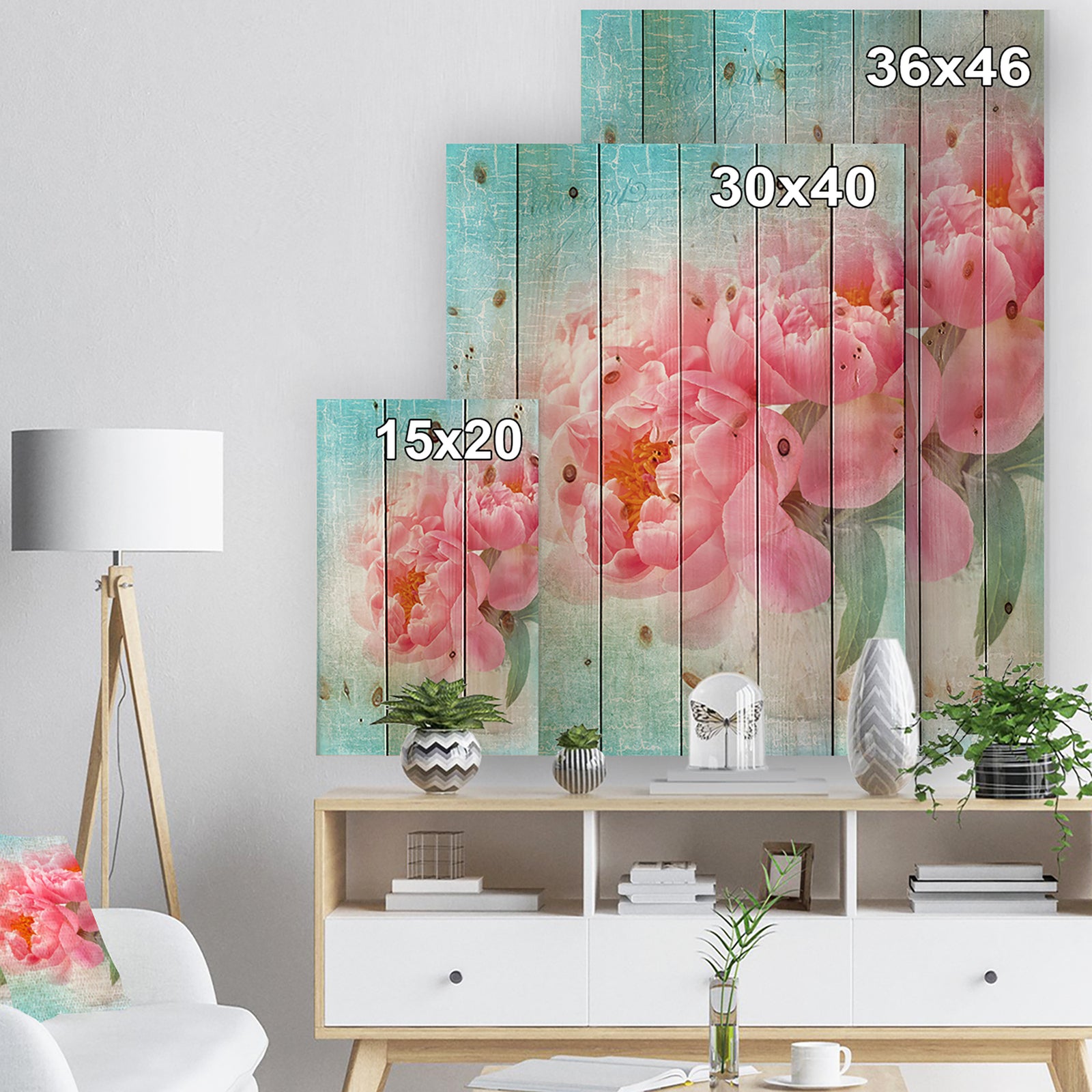 Peony Flowers Merged to Blue - Floral Farmhouse Print on Natural Pine Wood
