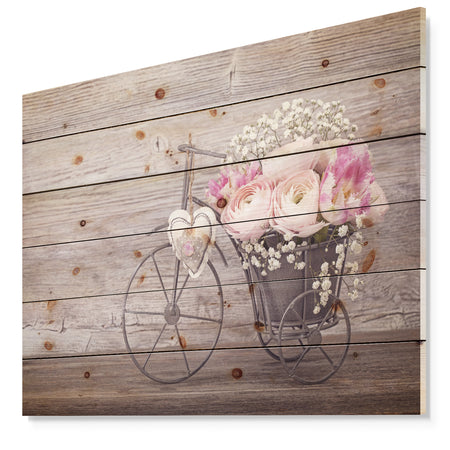 Ranunculus Flowers in Bicycle Vase - Floral Farmhouse Print on Natural Pine Wood