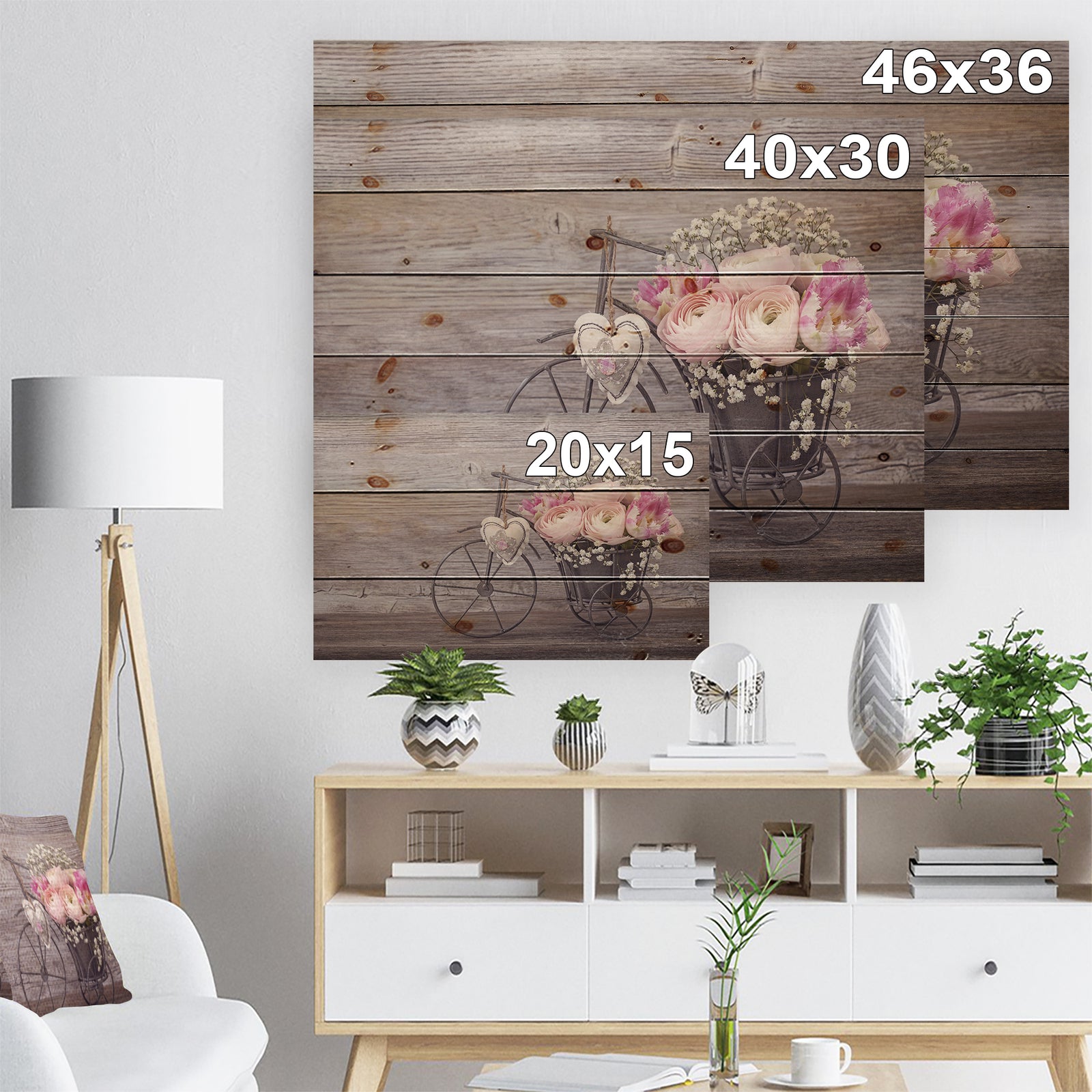 Ranunculus Flowers in Bicycle Vase - Floral Farmhouse Print on Natural Pine Wood