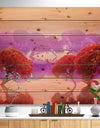 Red and Purple Japanese Gardens - Landscape Print on Natural Pine Wood