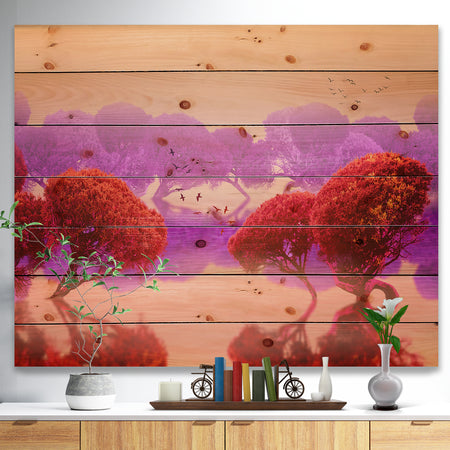 Red and Purple Japanese Gardens - Landscape Print on Natural Pine Wood