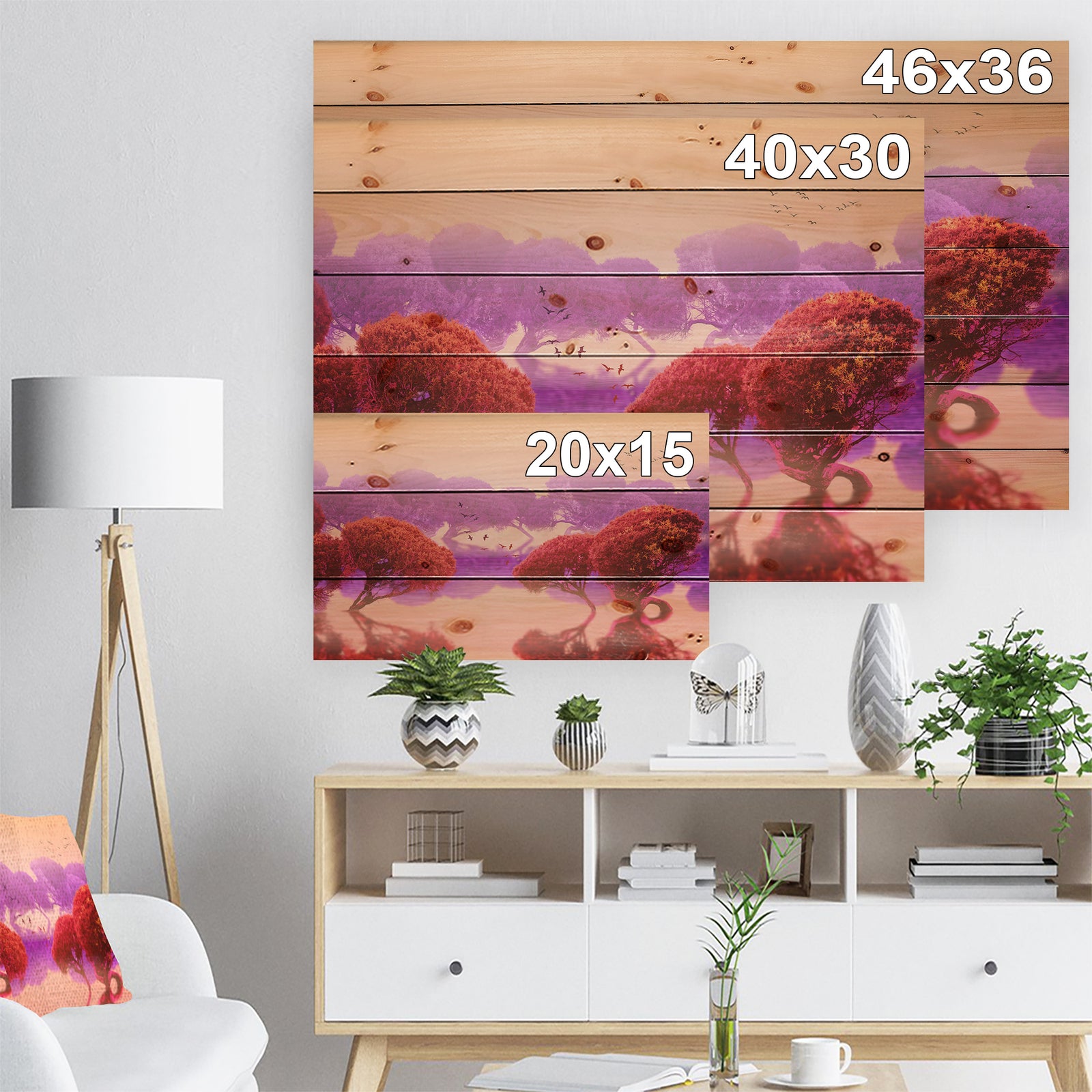 Red and Purple Japanese Gardens - Landscape Print on Natural Pine Wood