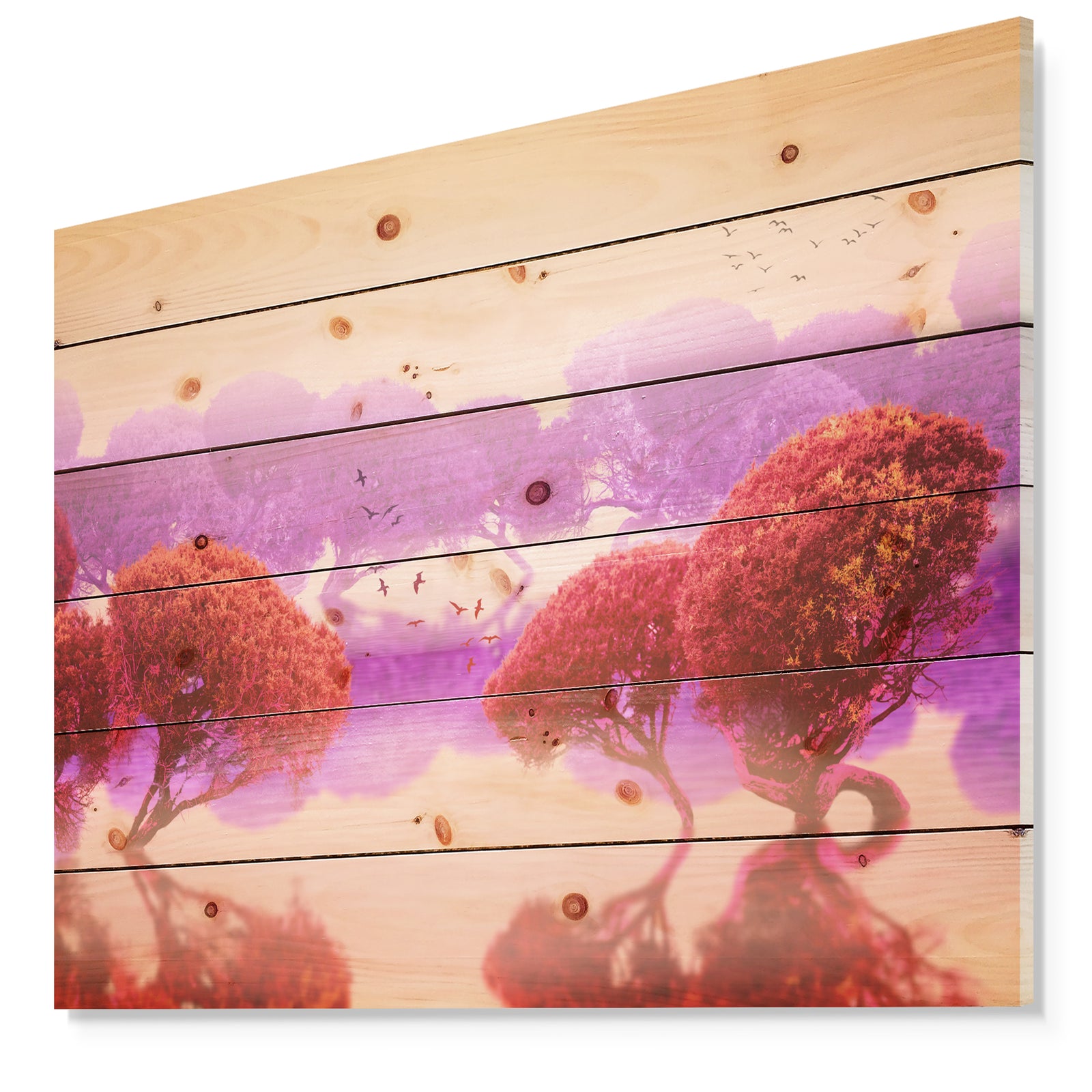Red and Purple Japanese Gardens - Landscape Print on Natural Pine Wood