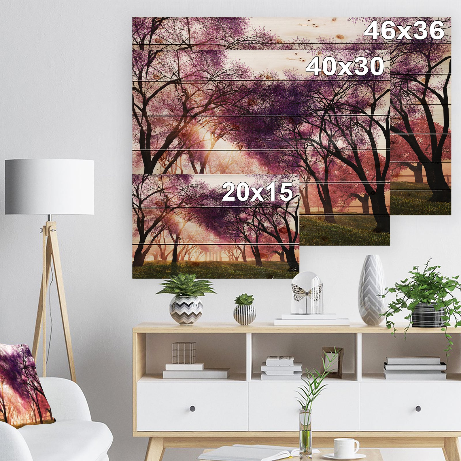 Cherry Blossoms Japan Garden - Landscape Print on Natural Pine Wood