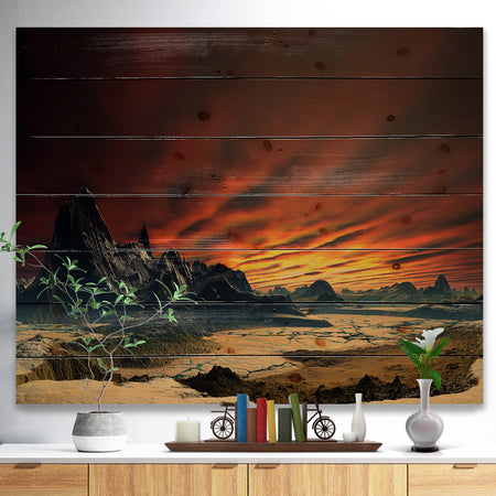 Beautiful Alien Planet Traos - Landscape Print on Natural Pine Wood