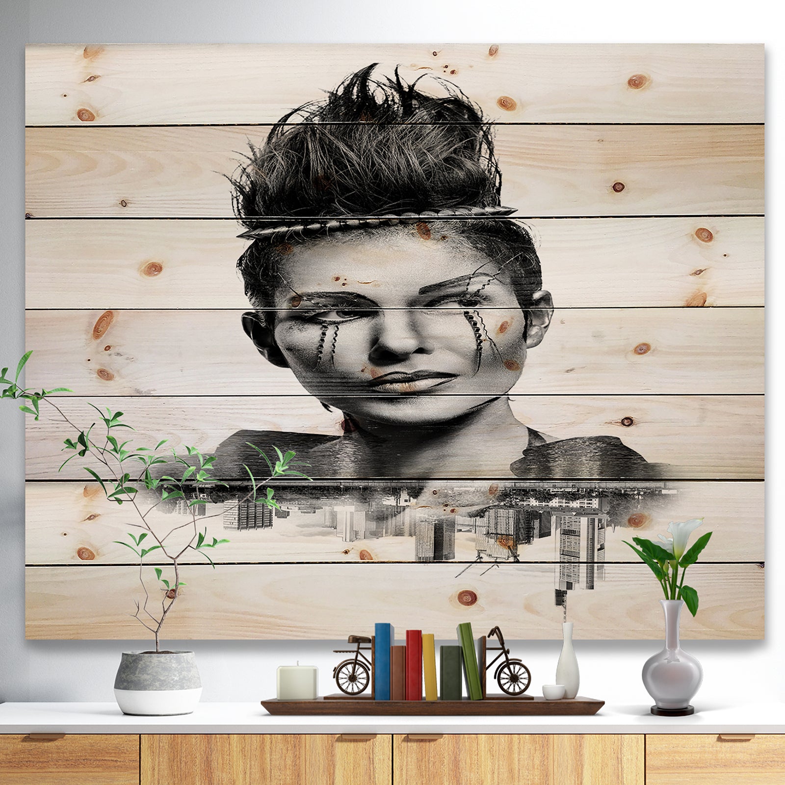 Double Exposure Woman With Hair - Portrait Print on Natural Pine Wood