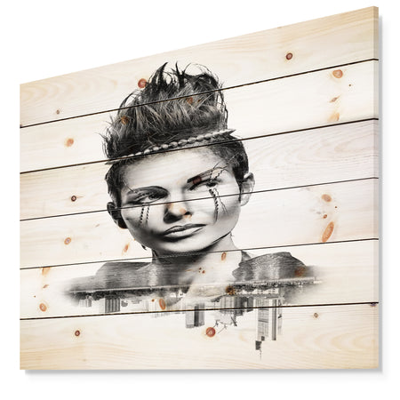 Double Exposure Woman With Hair - Portrait Print on Natural Pine Wood