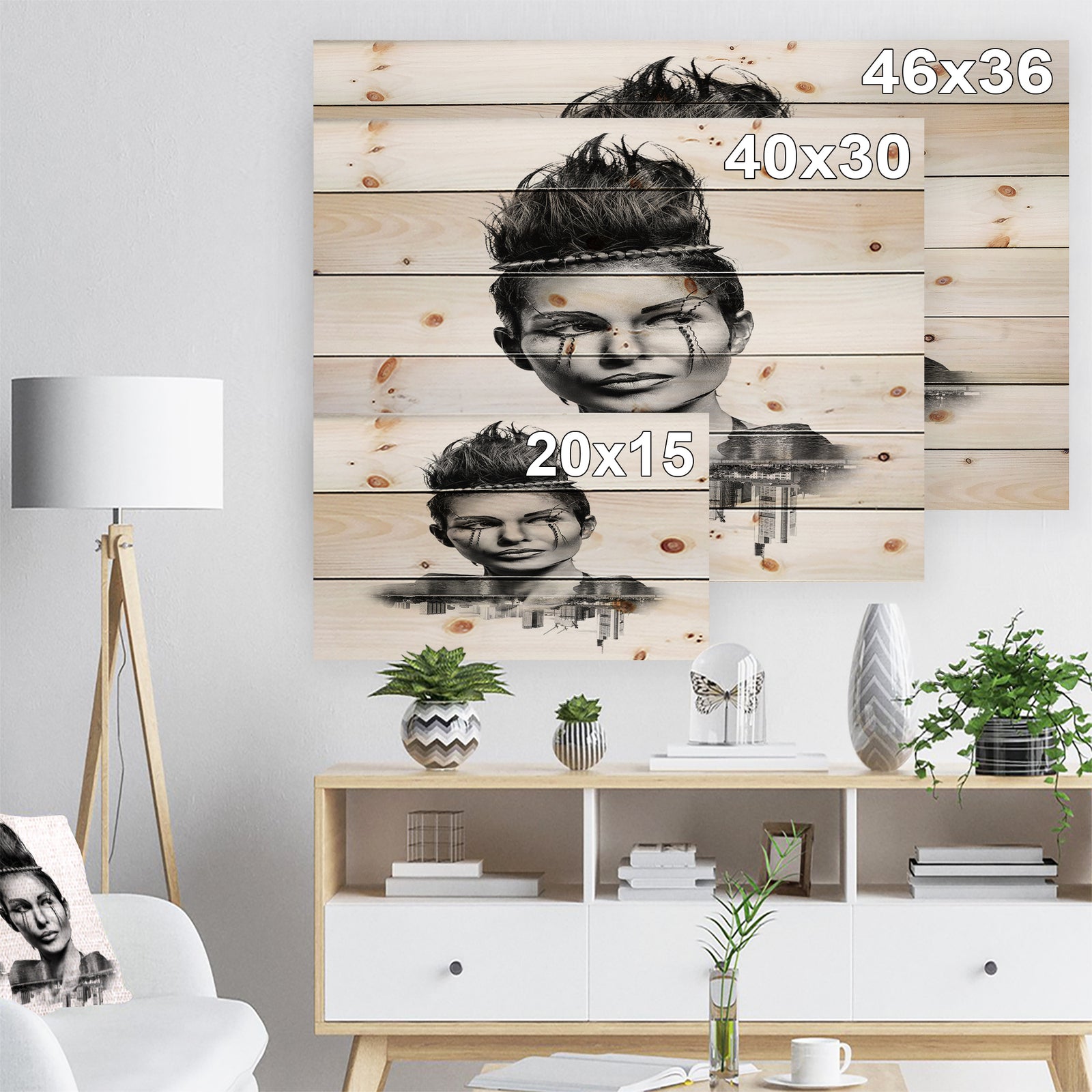 Double Exposure Woman With Hair - Portrait Print on Natural Pine Wood