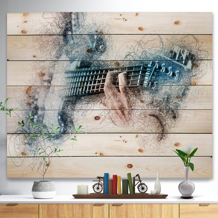 Man Playing A Guitar Watercolor - Contemporary Print on Natural Pine Wood