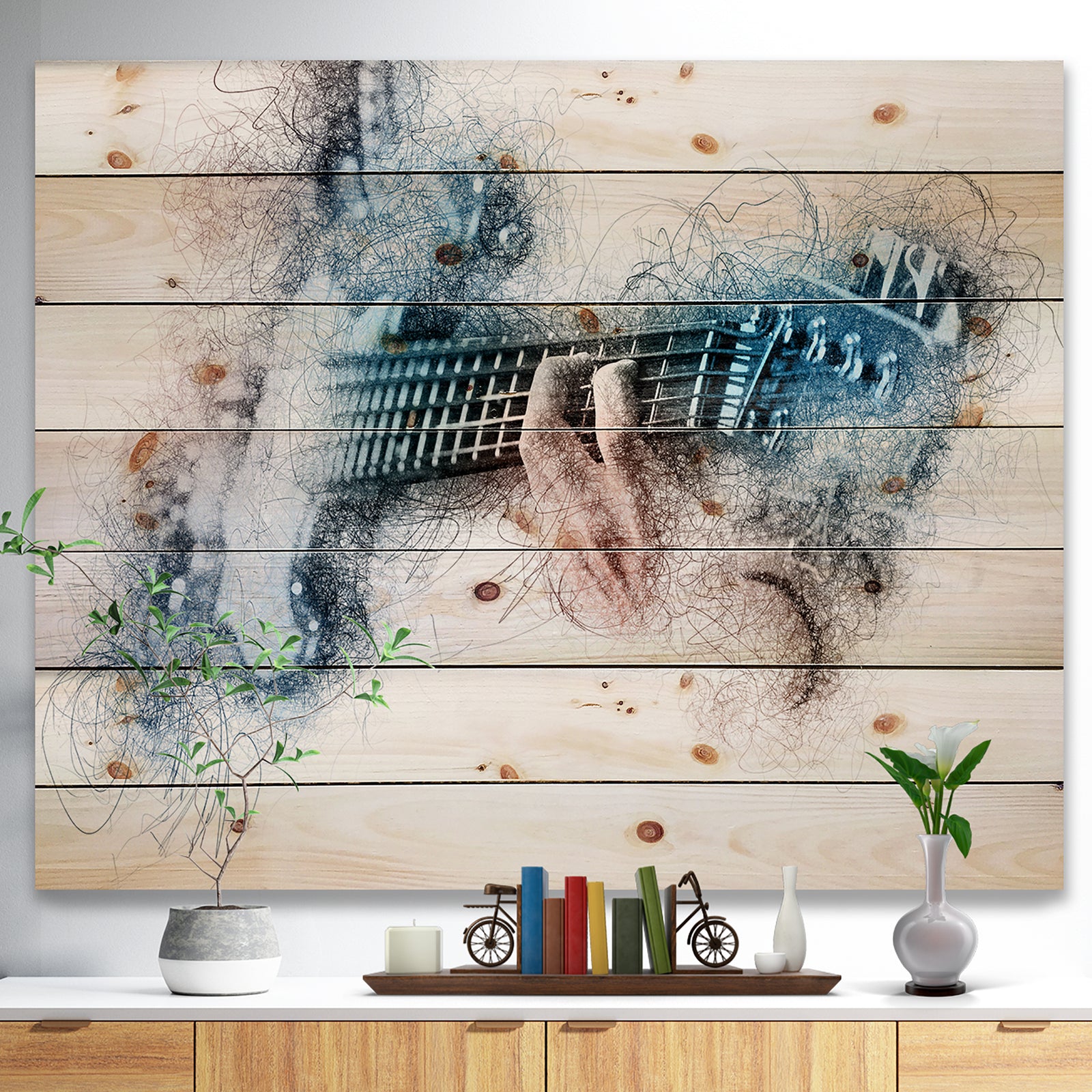 Man Playing A Guitar Watercolor - Contemporary Print on Natural Pine Wood