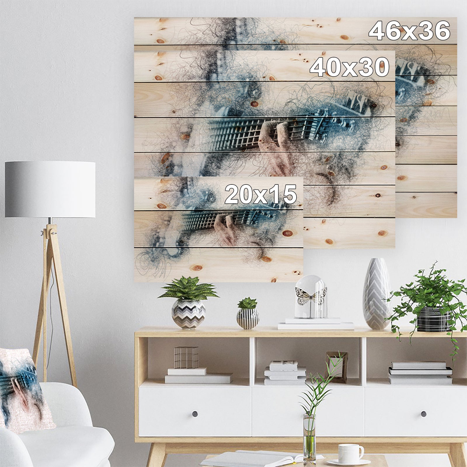 Man Playing A Guitar Watercolor - Contemporary Print on Natural Pine Wood