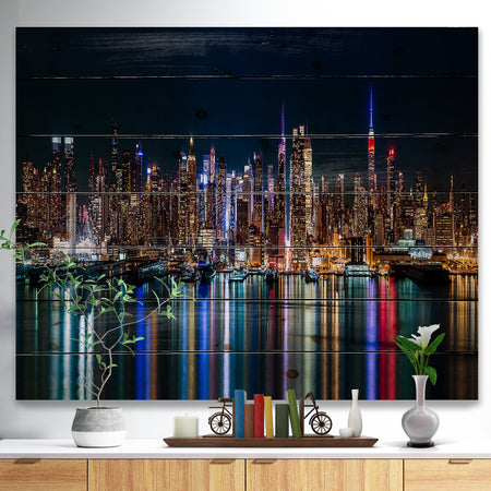 New York Midtown Night Panorama - Print on Natural Pine Wood