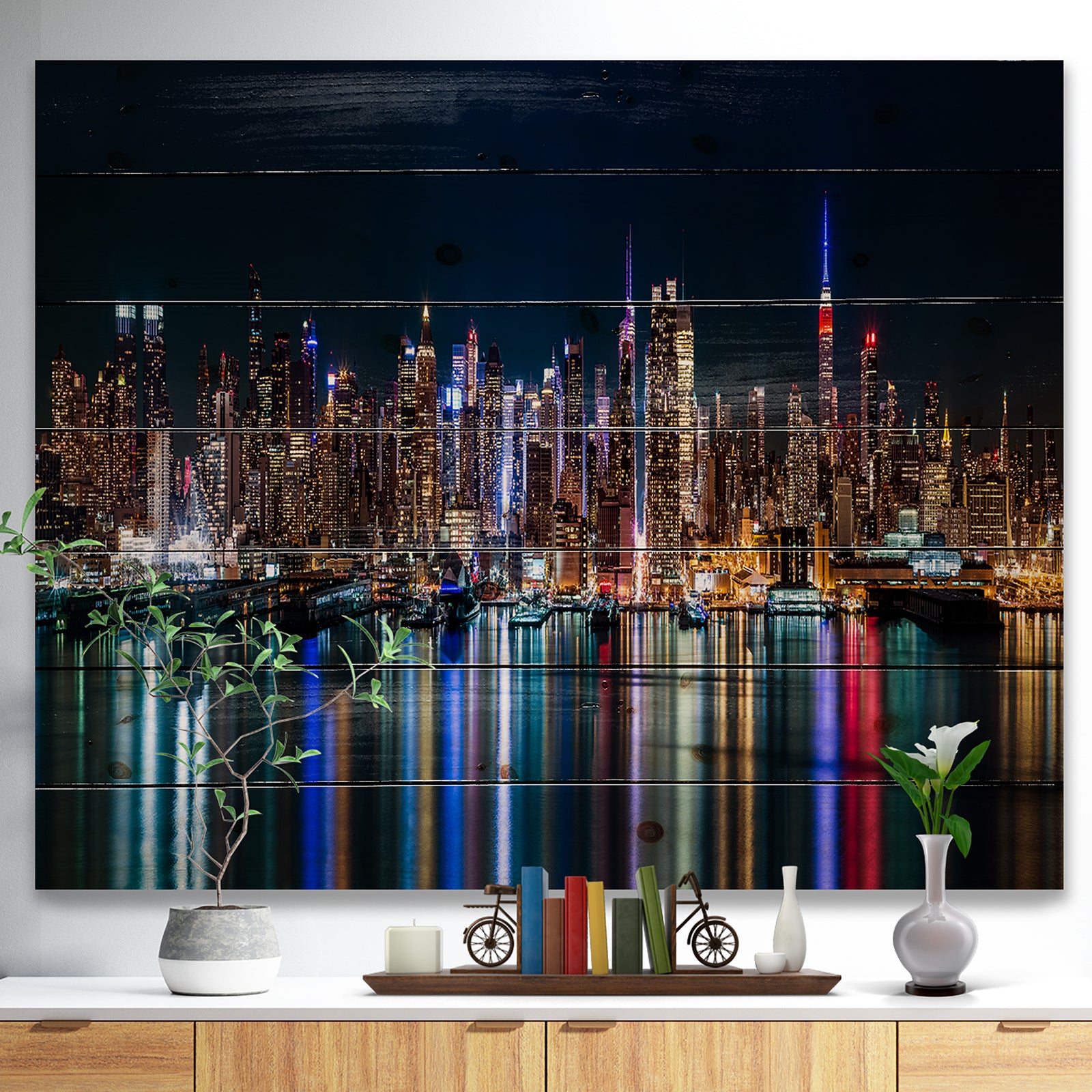 New York Midtown Night Panorama - Print on Natural Pine Wood