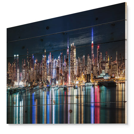 New York Midtown Night Panorama - Print on Natural Pine Wood
