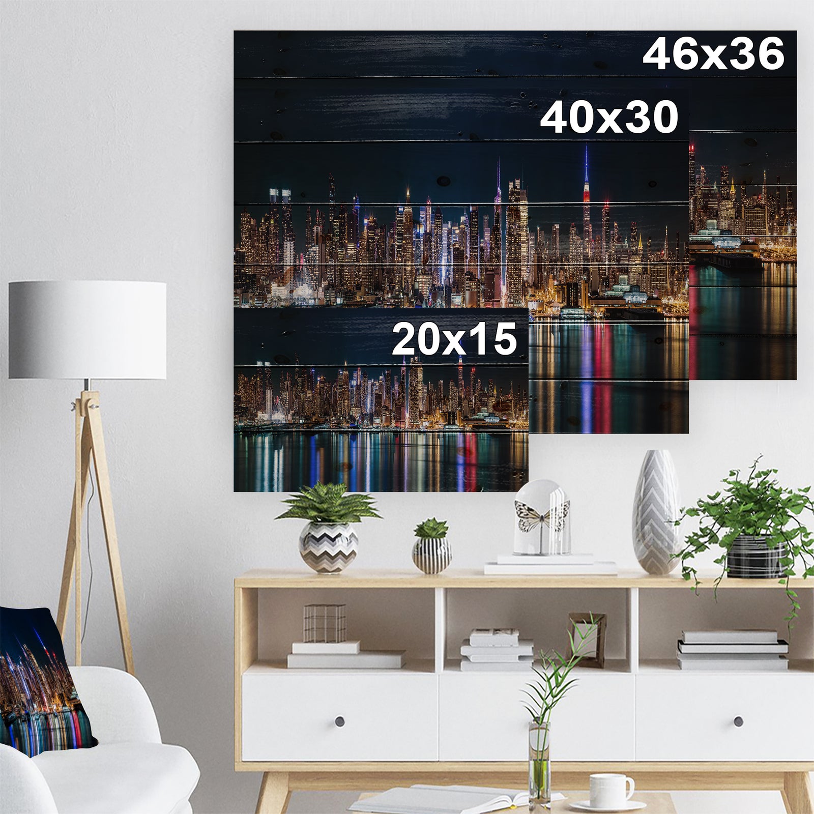 New York Midtown Night Panorama - Print on Natural Pine Wood