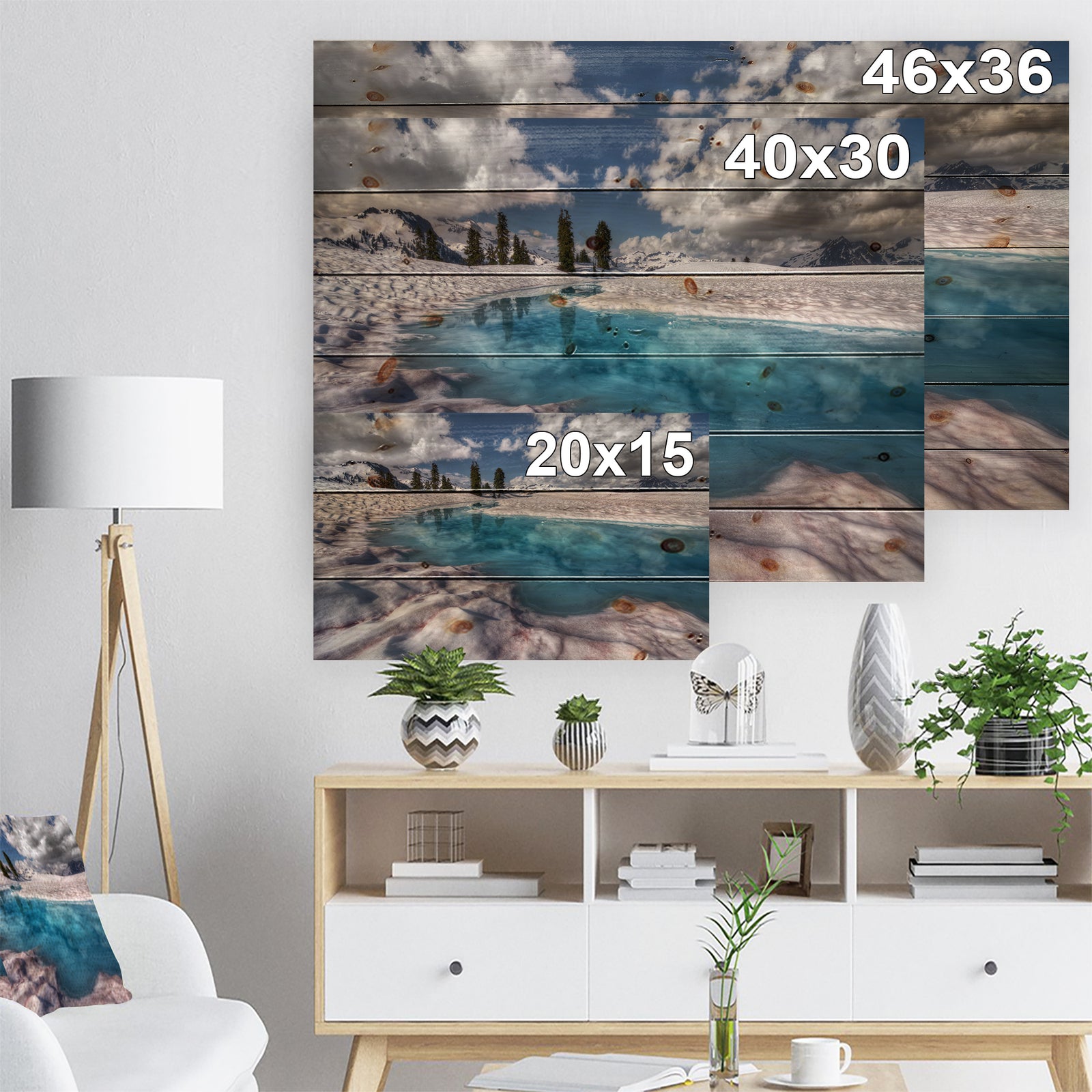 Amazing Blue Melt Lake in Fog - Landscape Print on Natural Pine Wood
