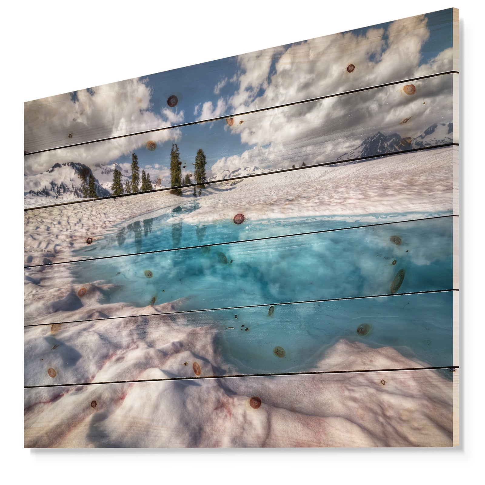 Amazing Blue Melt Lake in Fog - Landscape Print on Natural Pine Wood
