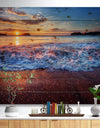 Blue Sea Waves during Sunset - Seashore Print on Natural Pine Wood