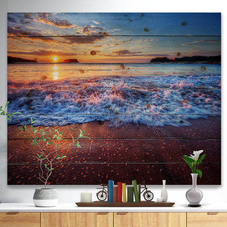 Blue Sea Waves during Sunset - Seashore Print on Natural Pine Wood