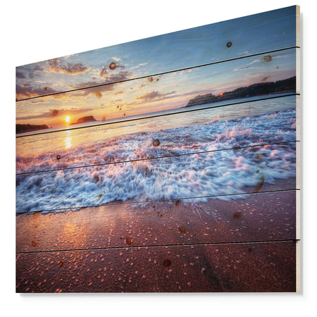 Blue Sea Waves during Sunset - Seashore Print on Natural Pine Wood