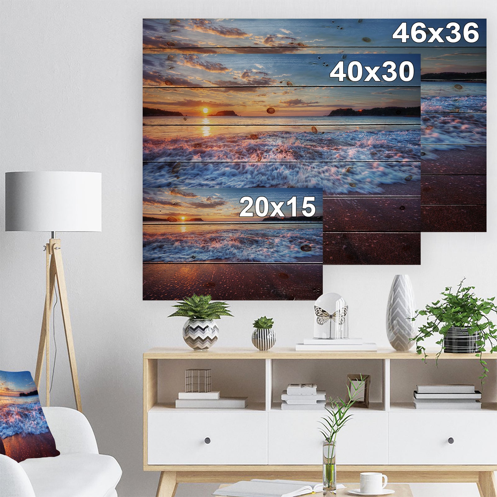 Blue Sea Waves during Sunset - Seashore Print on Natural Pine Wood