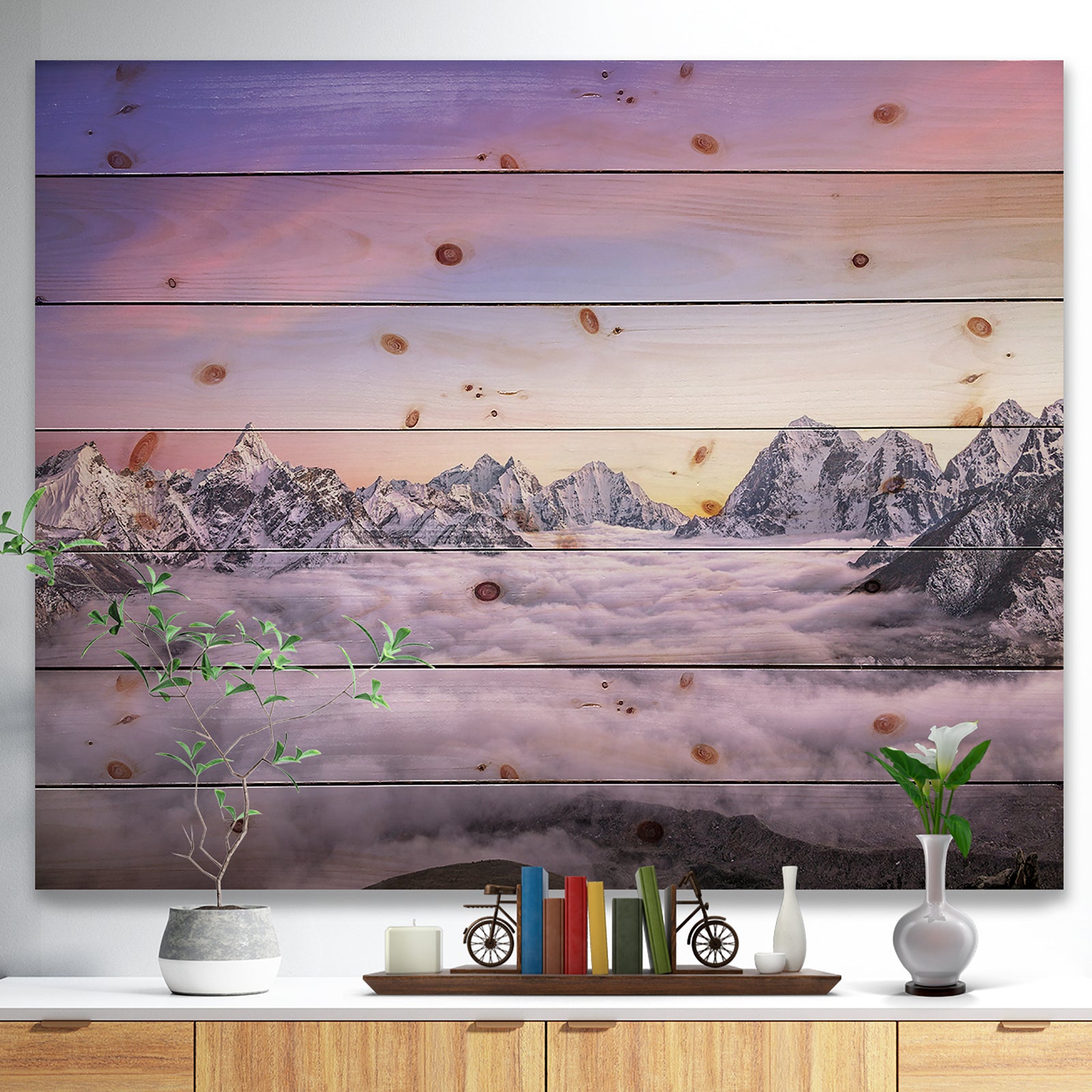 Clouds Sunrise Ama Dablam - Landscape Print on Natural Pine Wood