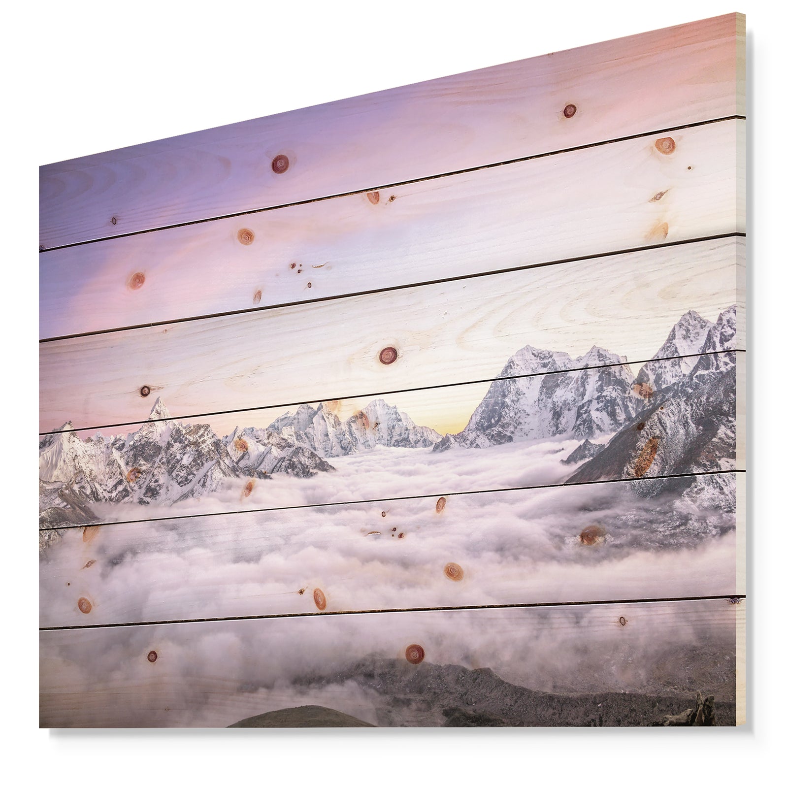 Clouds Sunrise Ama Dablam - Landscape Print on Natural Pine Wood