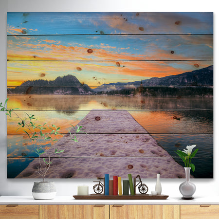 Bled With Lake in Winter Slovenia - Bridge Print on Natural Pine Wood