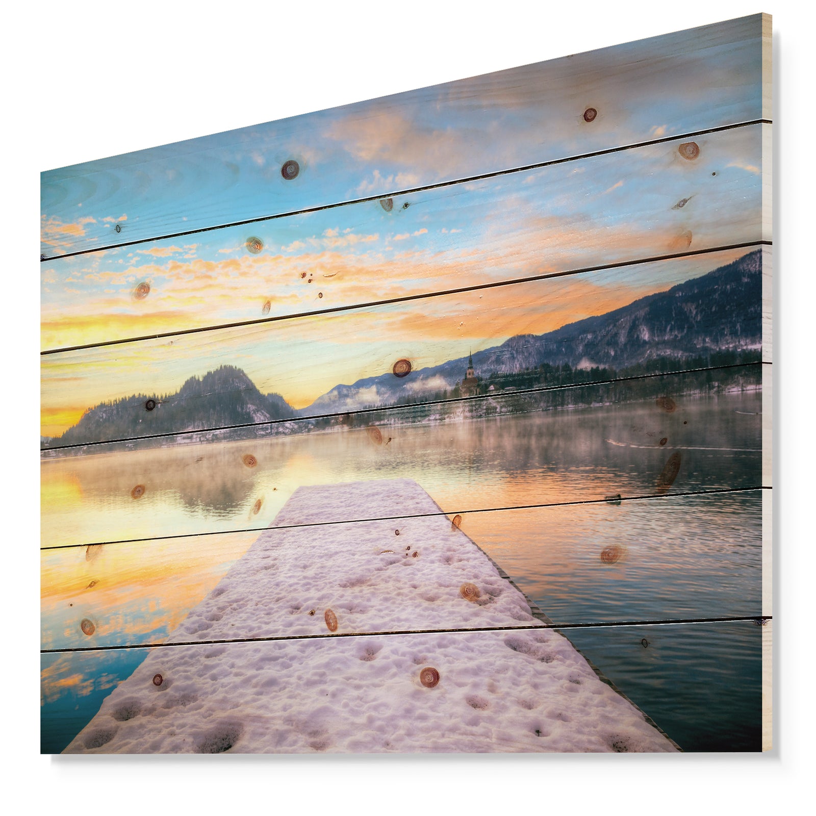 Bled With Lake in Winter Slovenia - Bridge Print on Natural Pine Wood