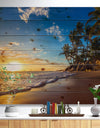 Paradise Tropical Island Beach Sunrise - Seashore Print on Natural Pine Wood