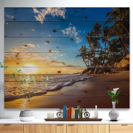 Paradise Tropical Island Beach Sunrise - Seashore Print on Natural Pine Wood