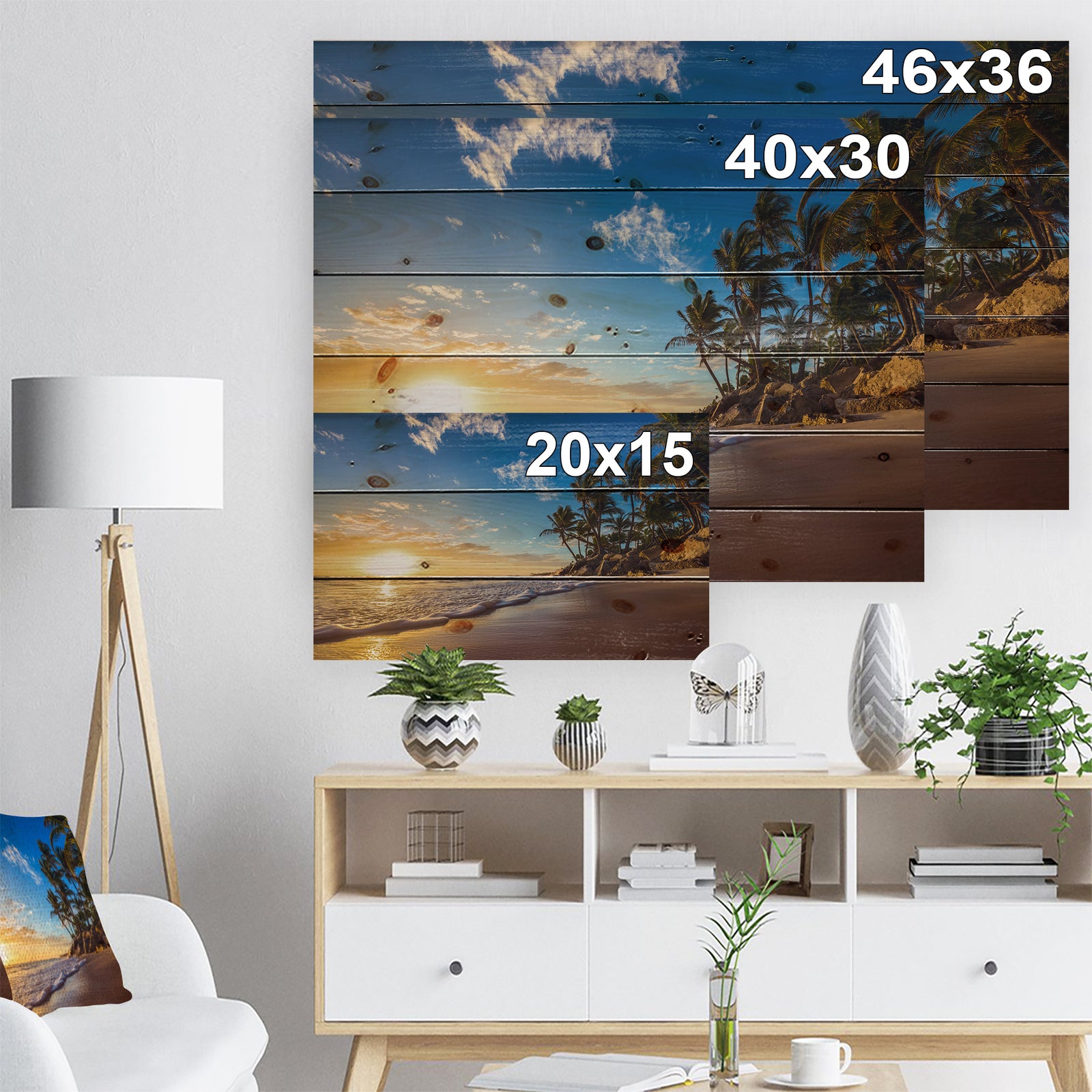 Paradise Tropical Island Beach Sunrise - Seashore Print on Natural Pine Wood